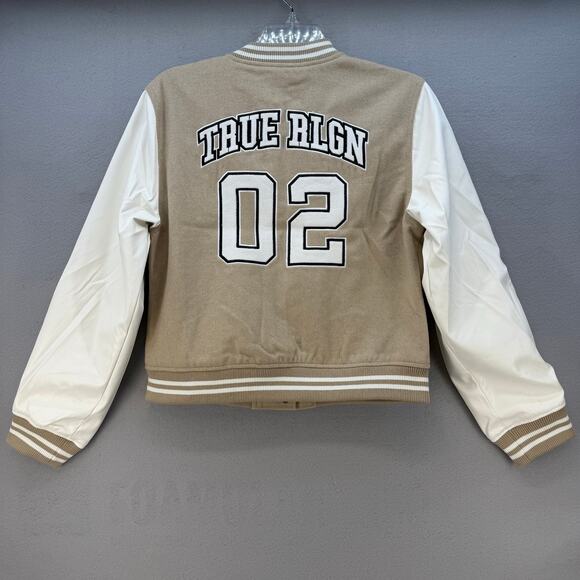 NWT True Religion True Varsity Jacket Women's L Tan White Preppy Y2k 600011 - Picture 7 of 12